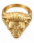 The top view of the Aslan King of Beasts Gold Vermeil Lion Ring. Showing the thick band, and detailing with the lions furrowed brow and mane. Against an Amethyst crystal background.