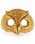 A Gold Vermeil textured feather owl ring, inspired by Athena. Against a crystal background