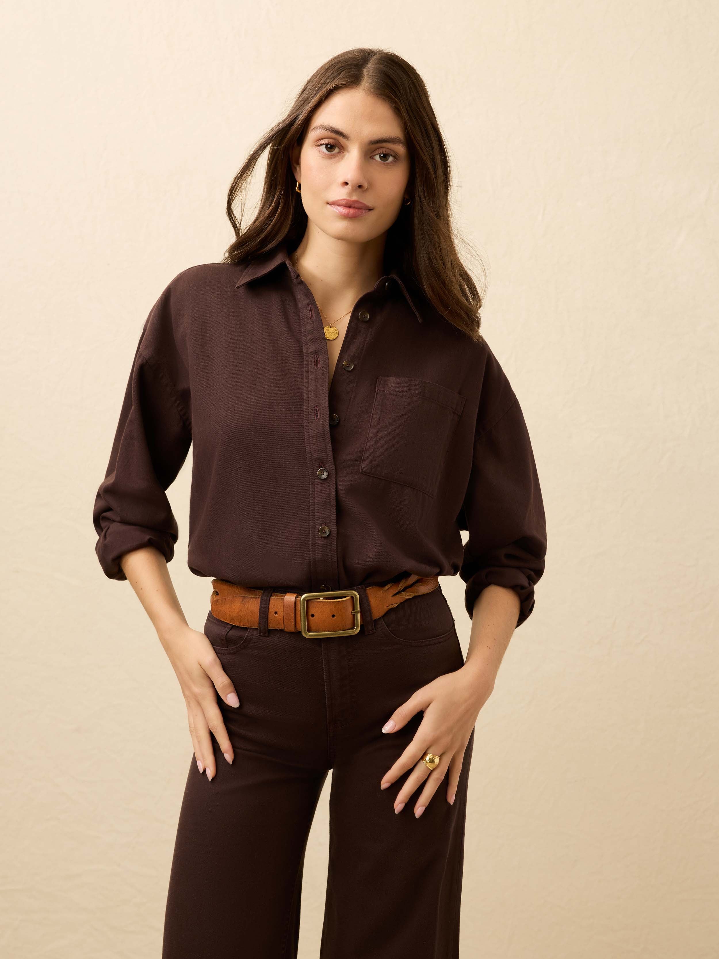 chocolate brown dress shirt Sunfair Denim in designed for comfort and Style:EP07412BK Iris Dress 3/4 Sleeve fall22
