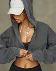 Deconstructed Crop Zip Hoodie - Washed Sage French Terry w/ Logo