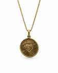 The backside of the love necklace, showcasing a heart with an arrow through it. This gold vermeil pendant is on a box chain against a white background.