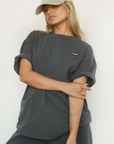 Oversized Crew Tee w/ Logo - Washed Black Cotton