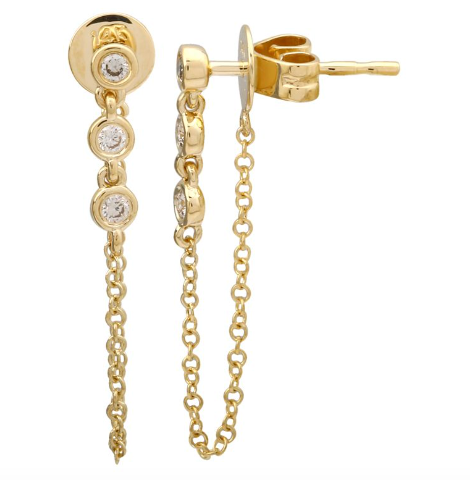 14k yellow gold earrings with diamond dangle chain accents on a white background