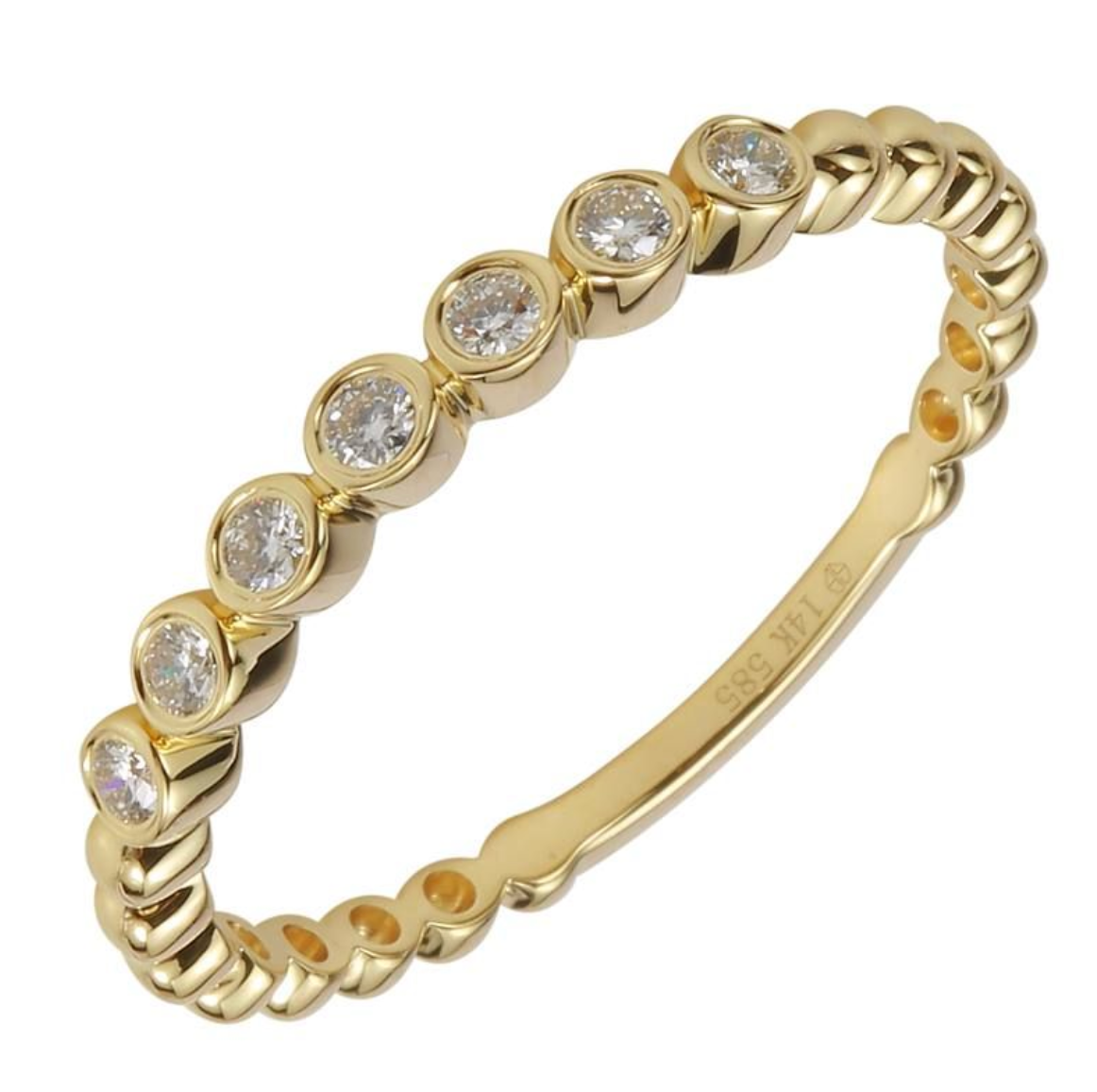 A 14k yellow gold eternity ring featuring a continuous row of round-cut bezel set diamonds in a beaded setting, shown on a plain white background.