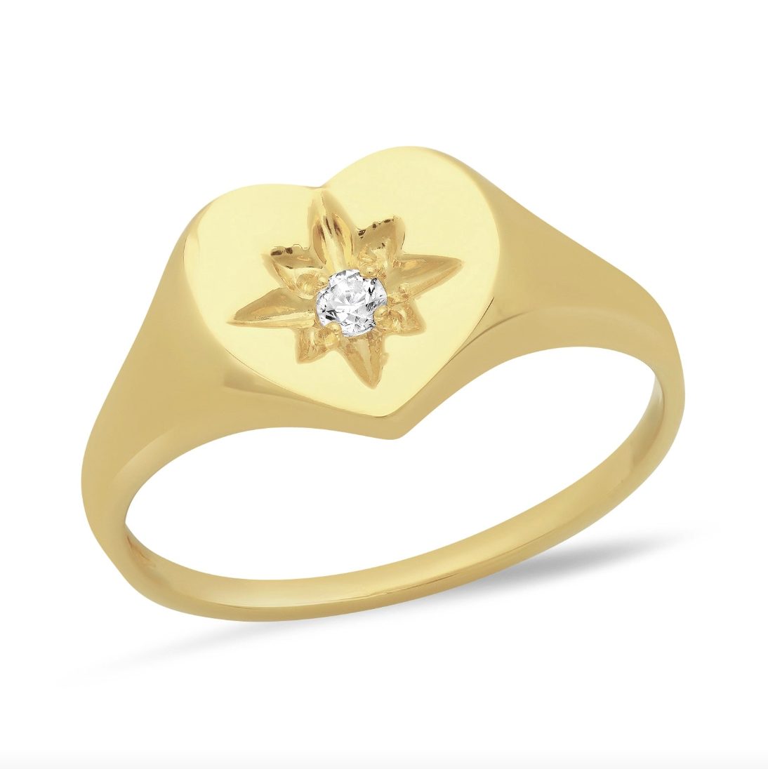 14k gold ring with a heart shape and star design with a diamond center on a white background
