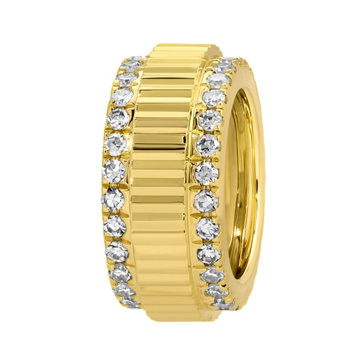 A 14k yellow gold bead charm featuring two parallel channel set diamonds on the edge. The middle is a fluted gold, parallel bar design, shown on a plain white background.