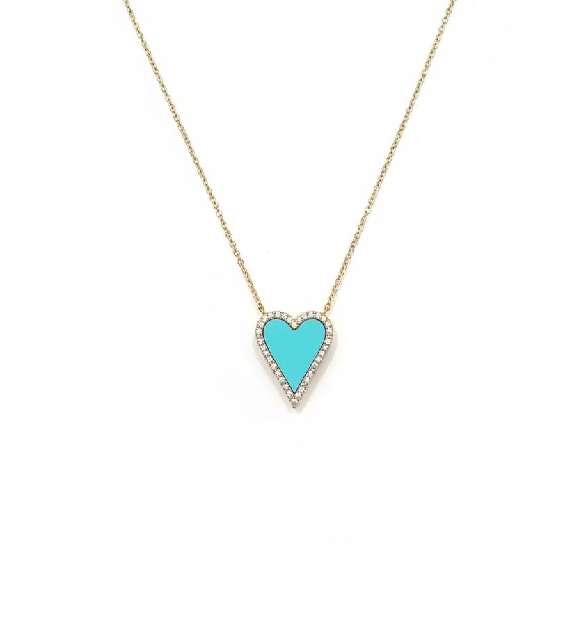 A delicate 14k gold cable chain necklace with a heart-shaped pendant featuring a light blue turquoise center and a diamond border, with a white background.