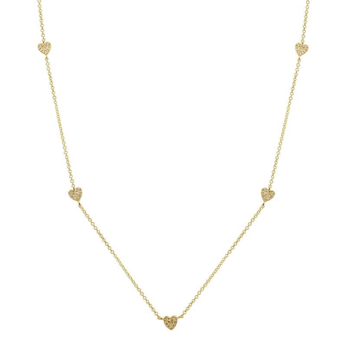 A delicate 14k yellow gold chain necklace featuring five small, pavé diamond heart charms spaced along the chain, displayed against a solid white background.