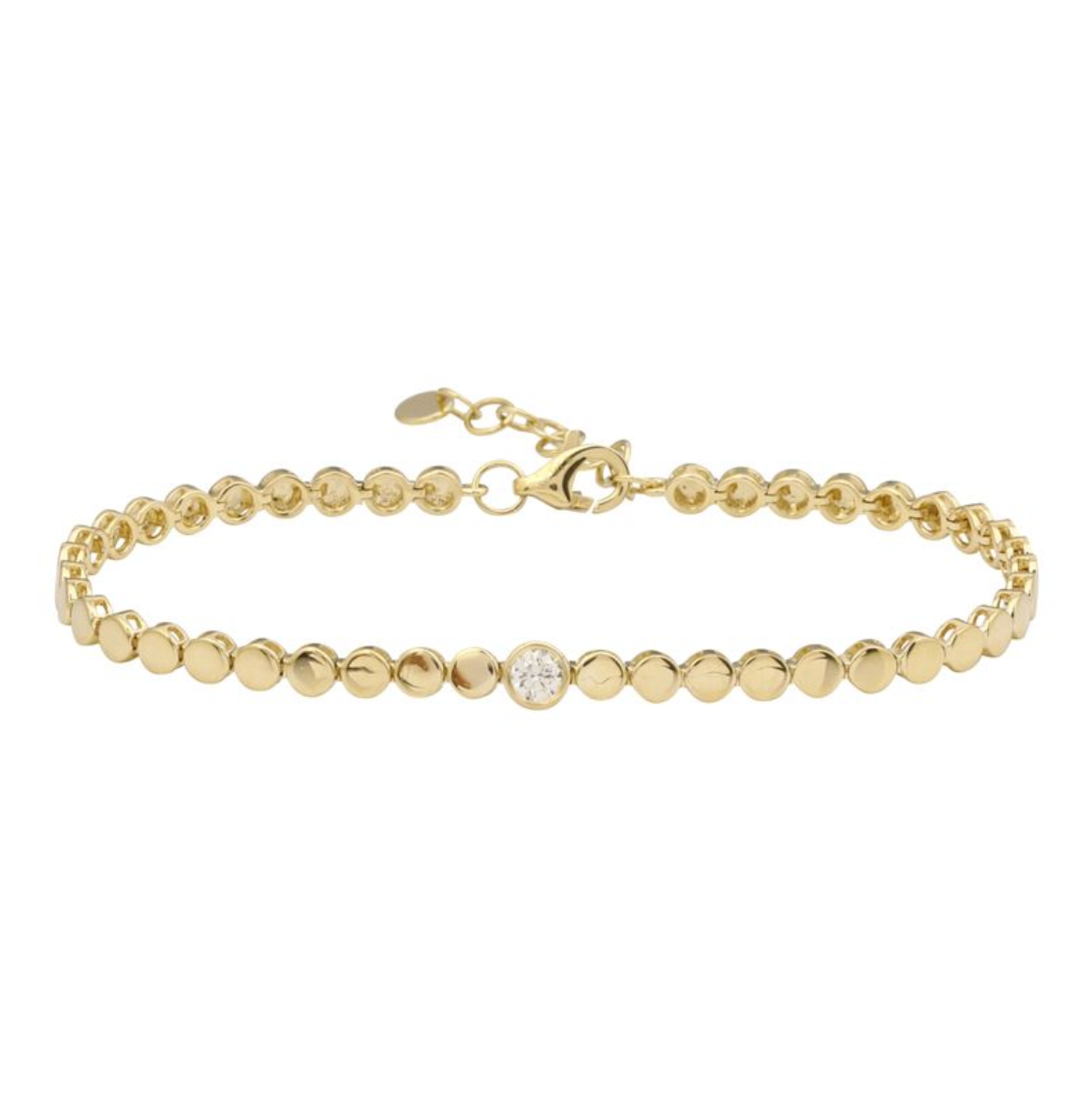 A delicate solid 14k yellow gold chain bracelet featuring a central bezel-set diamond, displayed on a clean white background.