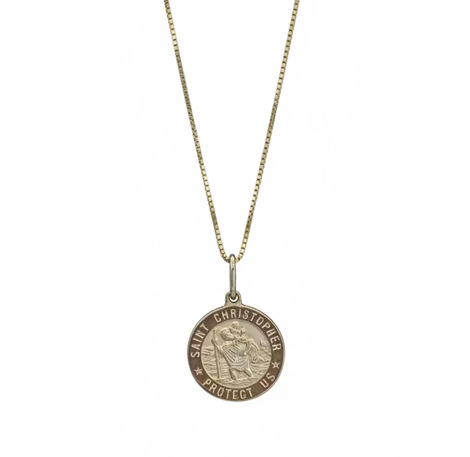 A 14k solid gold pendant on a 24" box chain, showcasing a St. Christopher coin design.