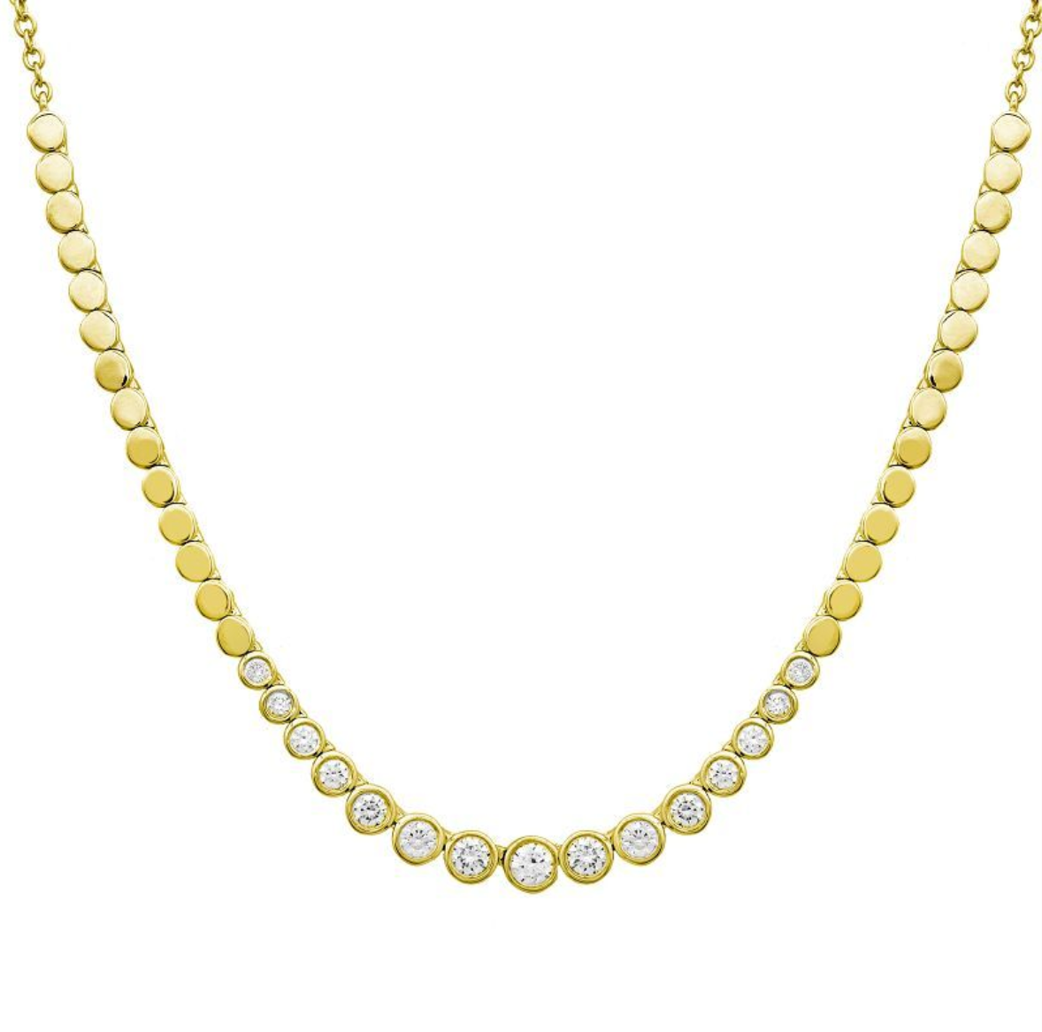 A 14k yellow gold tennis necklace featuring a curved row of fifteen diamonds displayed on a solid white background.