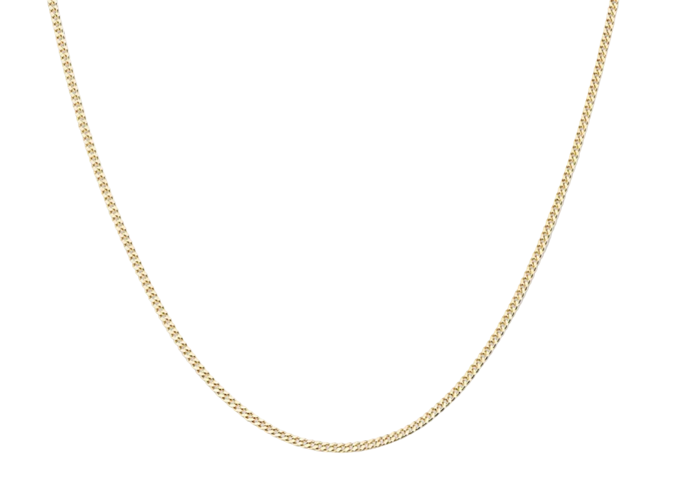 A delicate 14k yellow gold curb chain necklace with a classic curb link design, displayed against a solid, white background.