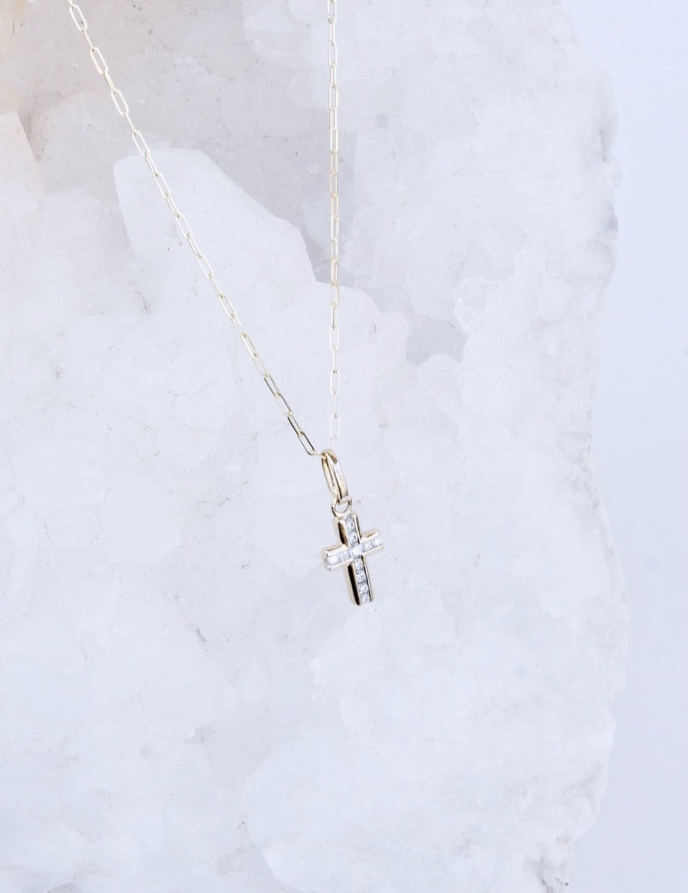 Medium Pave Diamond Cross on Paperclip Chain 14K Yellow Gold