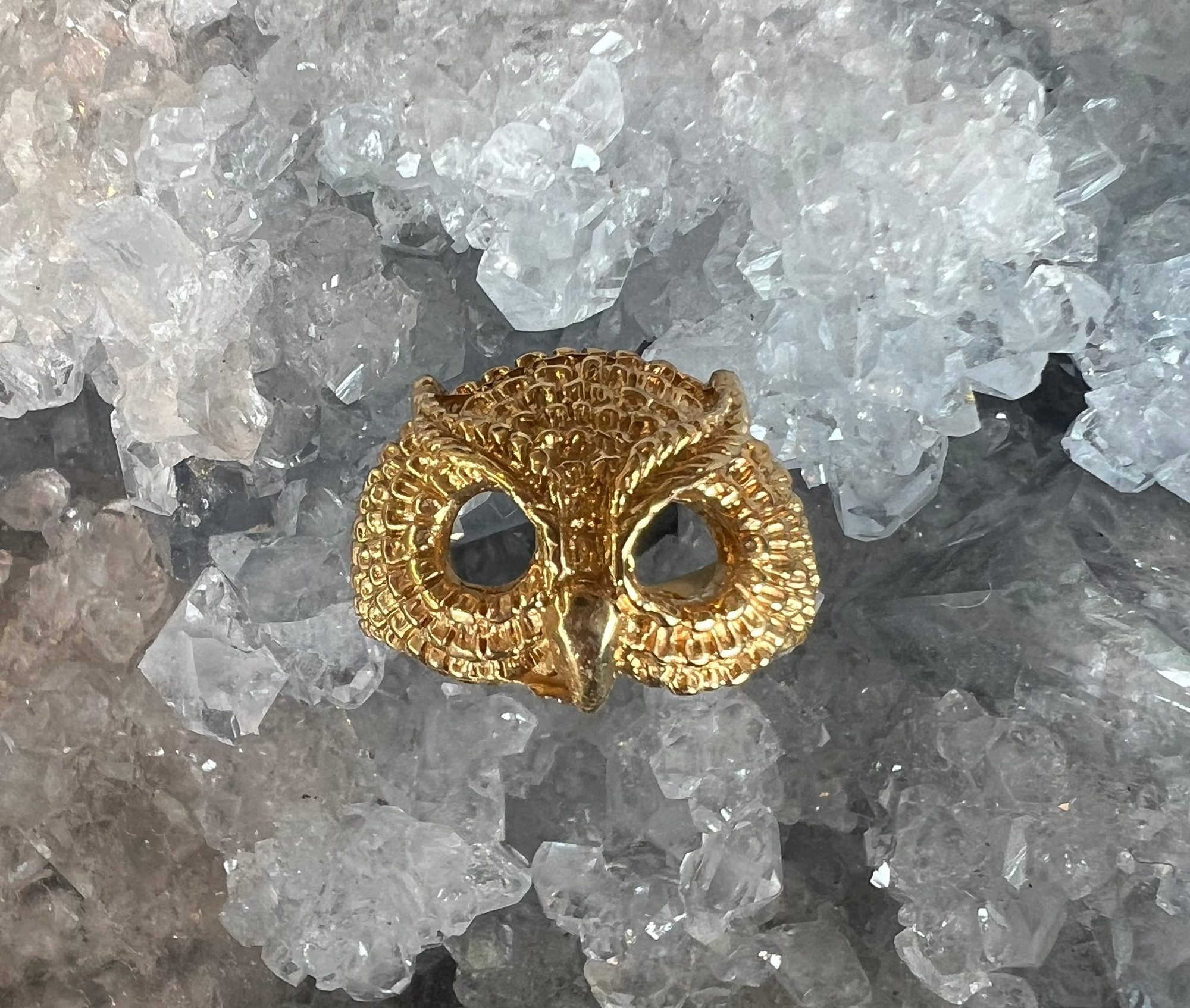 A Gold Vermeil textured feather owl ring, inspired by Athena. Against a crystal background