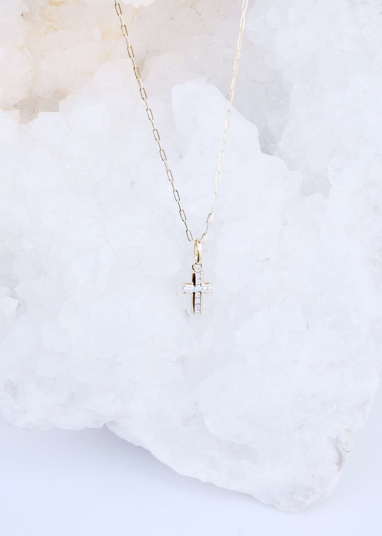 Medium Pave Diamond Cross on Paperclip Chain 14K Yellow Gold