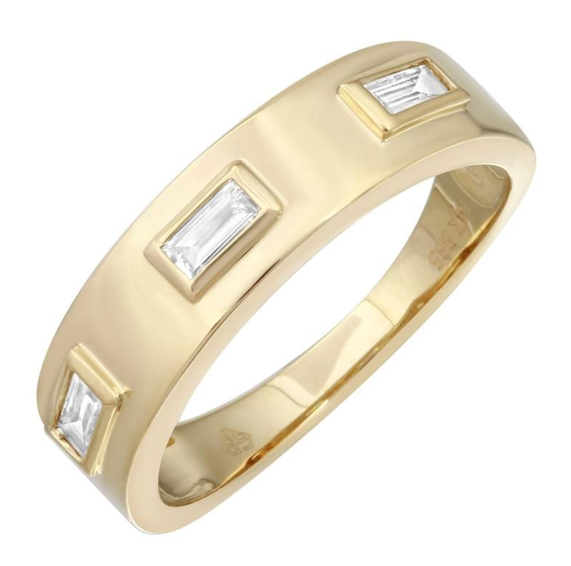 Solid 14k yellow gold ring with three baguette diamonds inlaid horizontally across the band, and a 14k 585 stamp. Set on a white background. 