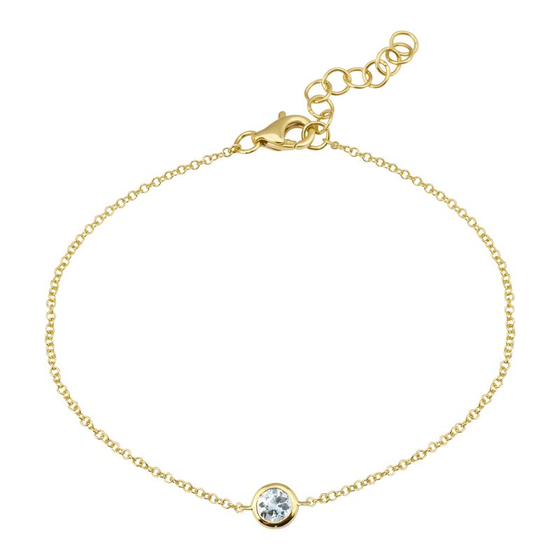 14k yellow gold bracelet with a bezel-set VS1 diamond in the center. A 5.5 inch cable chain with 1 inch extender, and a lobster clasp. Against a white background.