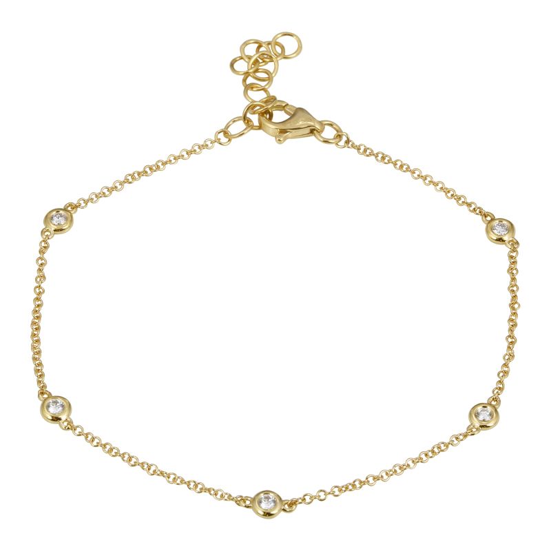 14k yellow gold bracelet with 5 vs1 diamonds. A 5.5 inch cable chain with 1 inch extender, against a white background.