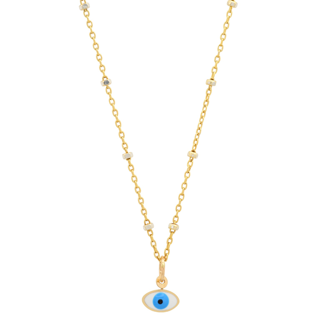 A 14k gold chain necklace featuring a central evil eye pendant with a blue iris and white sclera, against a plain white background.