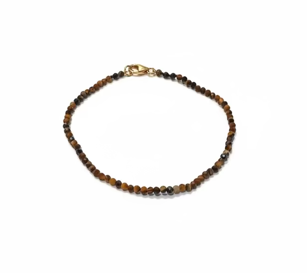 A dainty beaded bracelet with dark brown and black Tiger's Eye round beads and a small gold-filled clasp, resting on a white background.