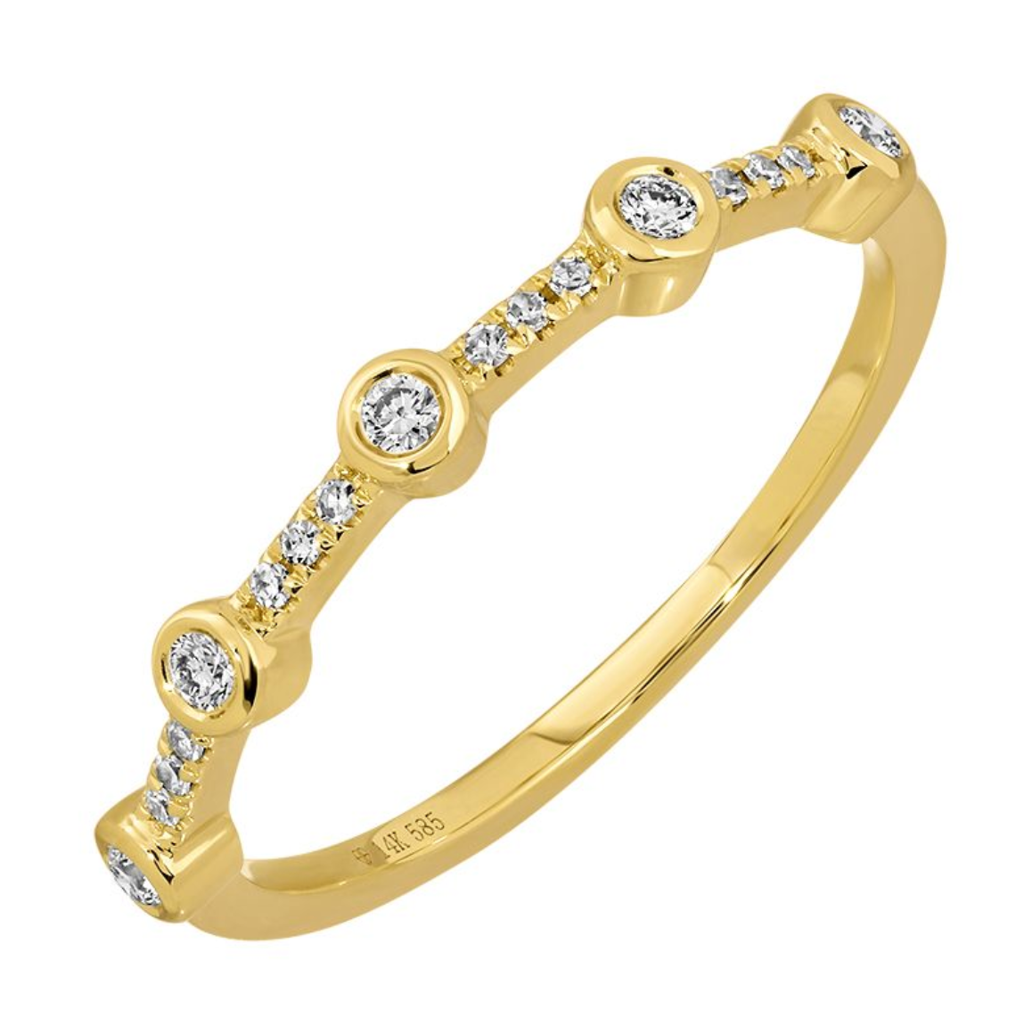 Solid 14k yellow gold with 5 bezel set diamonds stationed evenly throughout, with smaller pave diamonds in between the gaps. Inside is stamped '14k 585', and it is displayed on a white background. 