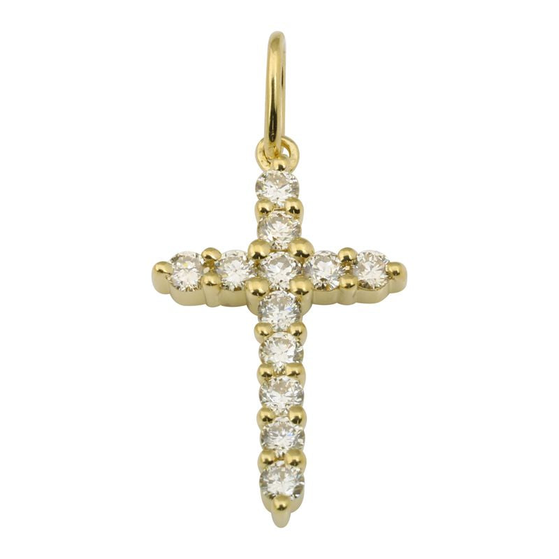 Solid 14k gold cross pendant with 12 prong-set diamonds on a white background.
