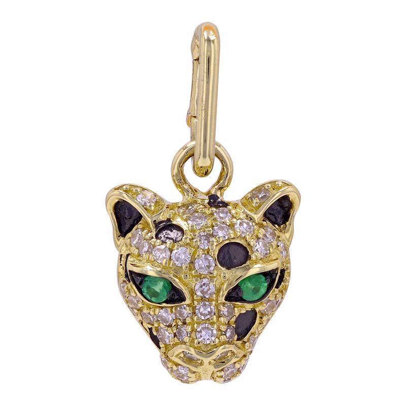 A solid 14k yellow gold panther/jaguar head pendant with green emerald gemstones and diamonds on a white background
