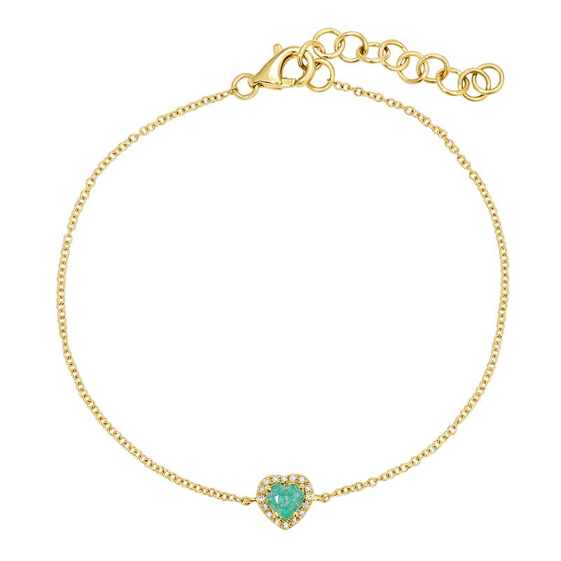 14k yellow gold bracelet with a heart-shaped green emerald gemstone surrounded by VS1 diamonds on a white background