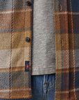 A detailed shot of the hem and buttons of the faherty boulder creek plaid shirt, which is beige, red, white and light blue plaid button down. 
