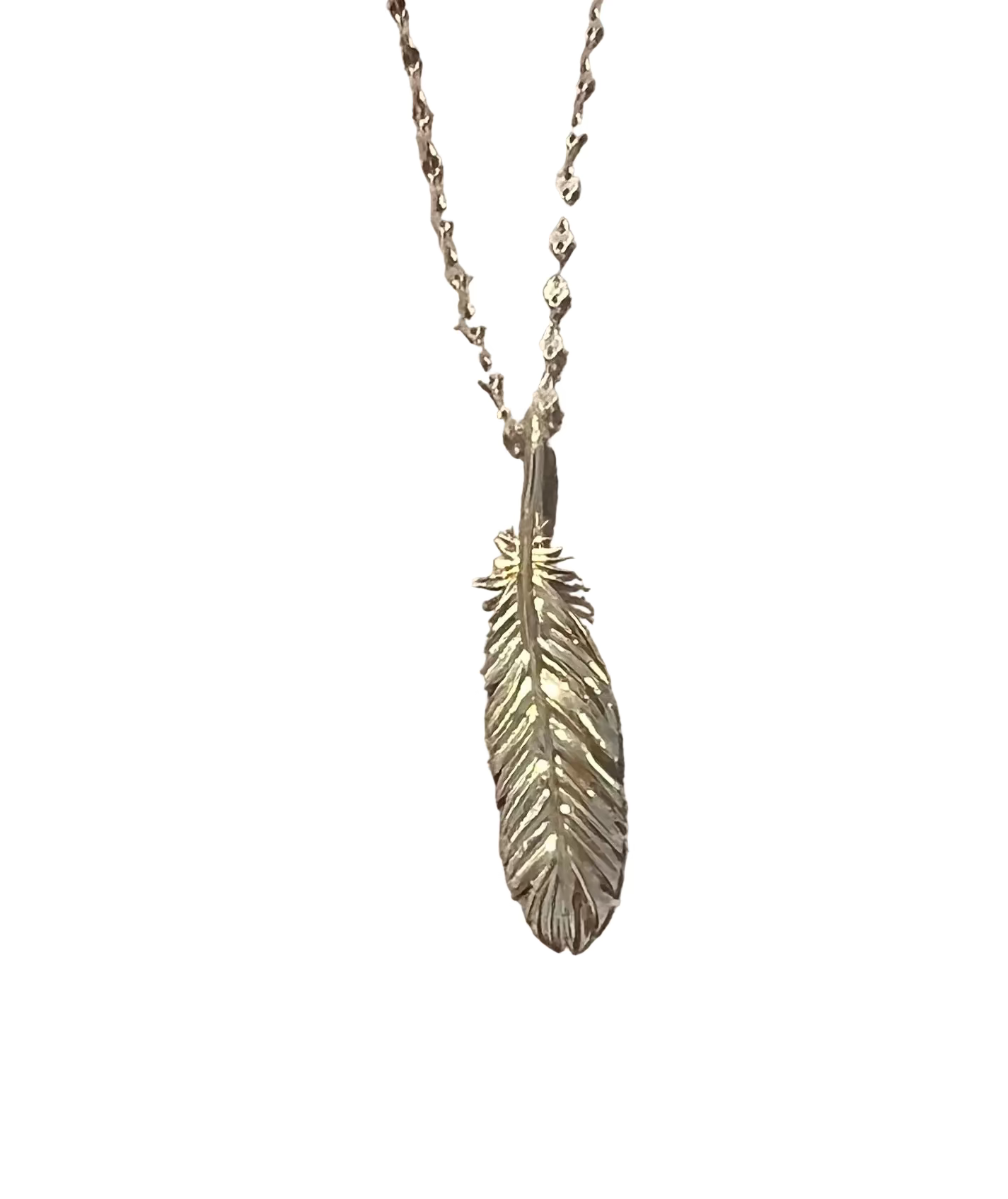 Solid 14k Gold Feather pendant on a delicate disc chain, with a beige background