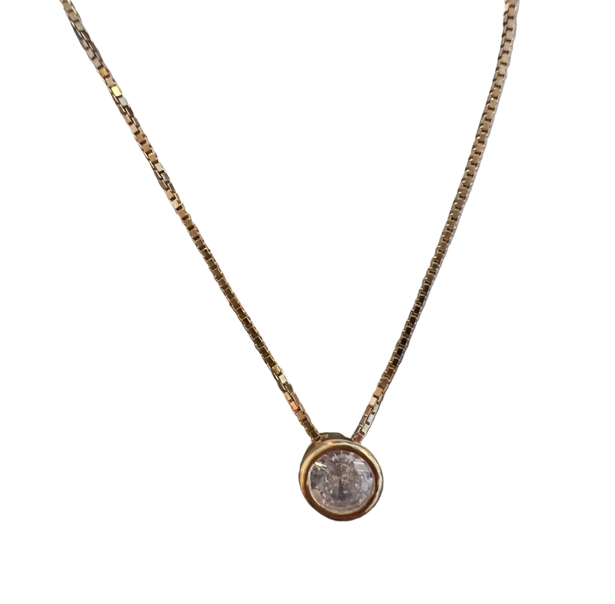 A delicate sterling silver plated gold chain necklace with a small round bezel-set cubic zarconia pendant, shown against a plain white background.