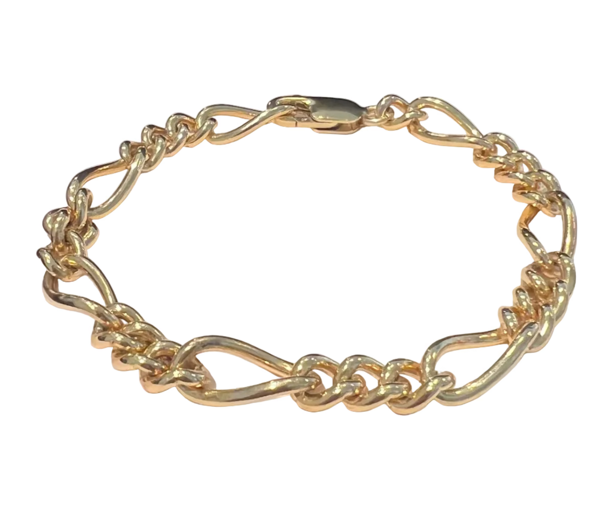 A chunky gold vermeil (Sterling silver plated in 14k yellow gold) figaro chain bracelet displayed on a white background.