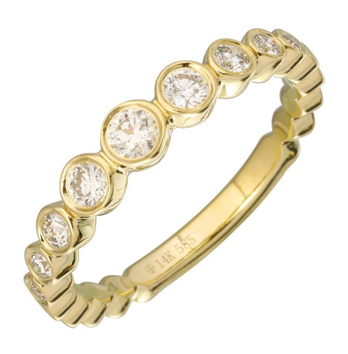 A solid 14k yellow gold eternity ring featuring a row of round diamonds of varying size in a gradient pattern  in a bezel setting, shown on a plain white background. The inner band is stamped with '14K 585'.