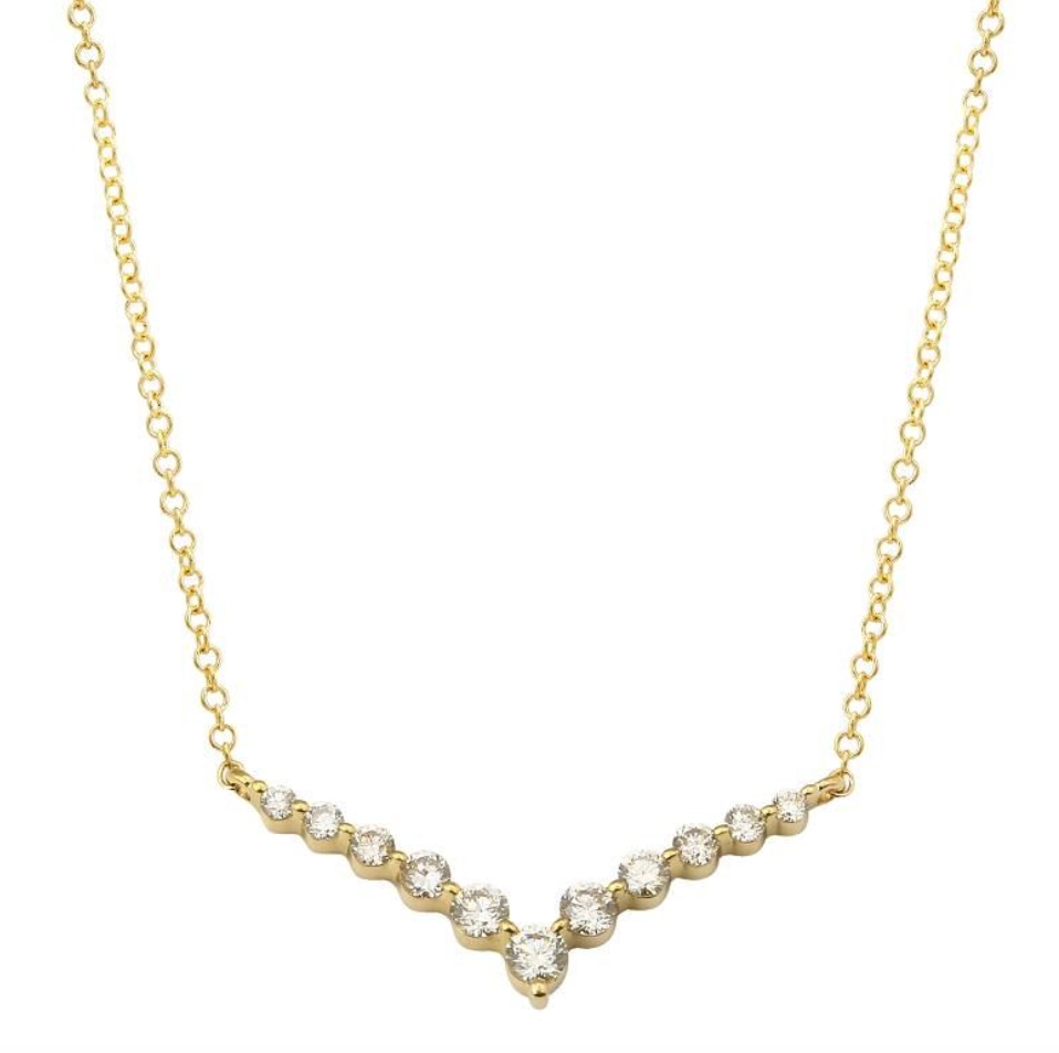 14k yellow gold necklace with 11 gradient diamonds in a v shaped pendant at the center, against a white background.