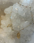 14K Gold Bracelet with Oval Mother Mary Pendant & Small Cross on Ball Chain Bracelet