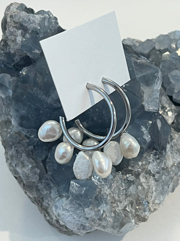 Silver Pearl Hoops