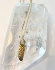 14K Yellow Gold Feather & Opal Pendant Necklace with Box Chain