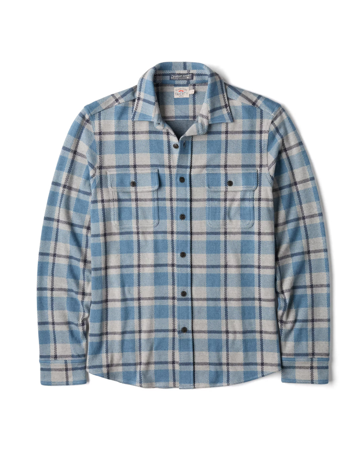 A Faherty blue and grey plaid shirt on a white background.