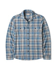 A Faherty blue and grey plaid shirt on a white background.