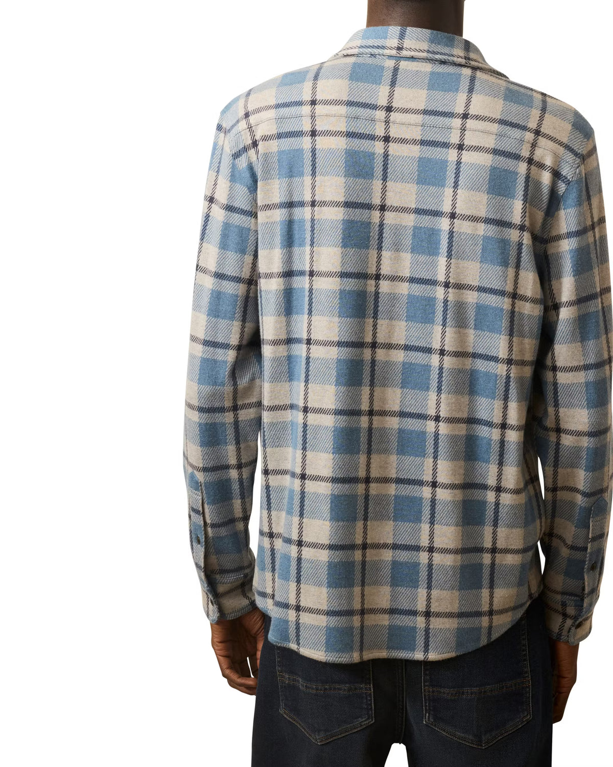 The back of a man wearing a Faherty Legend Sweater Shirt in Overcast Ocean Plaid with blue, grey, and beige plaid shirt on a white background. 