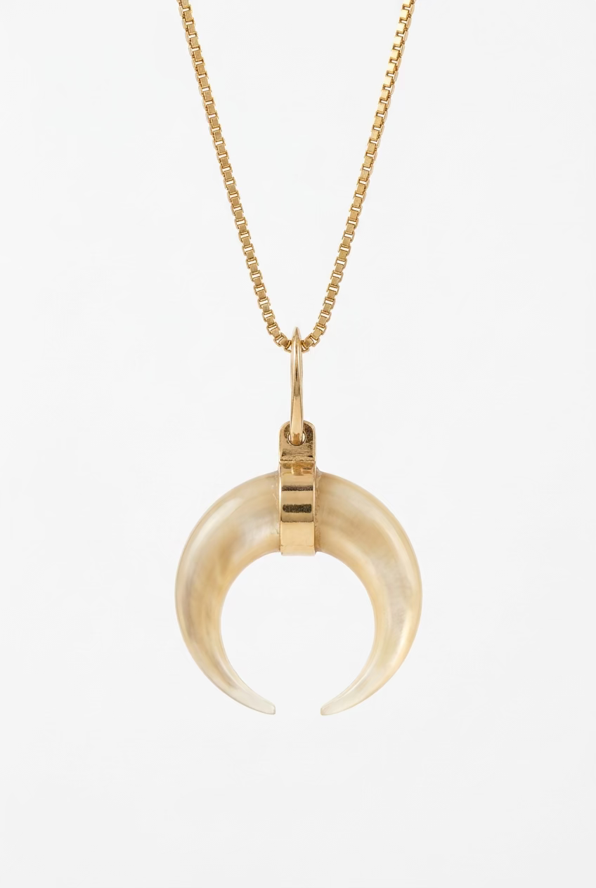 Gold vermeil necklace with a gold and mother of pearl horn pendant on a white background