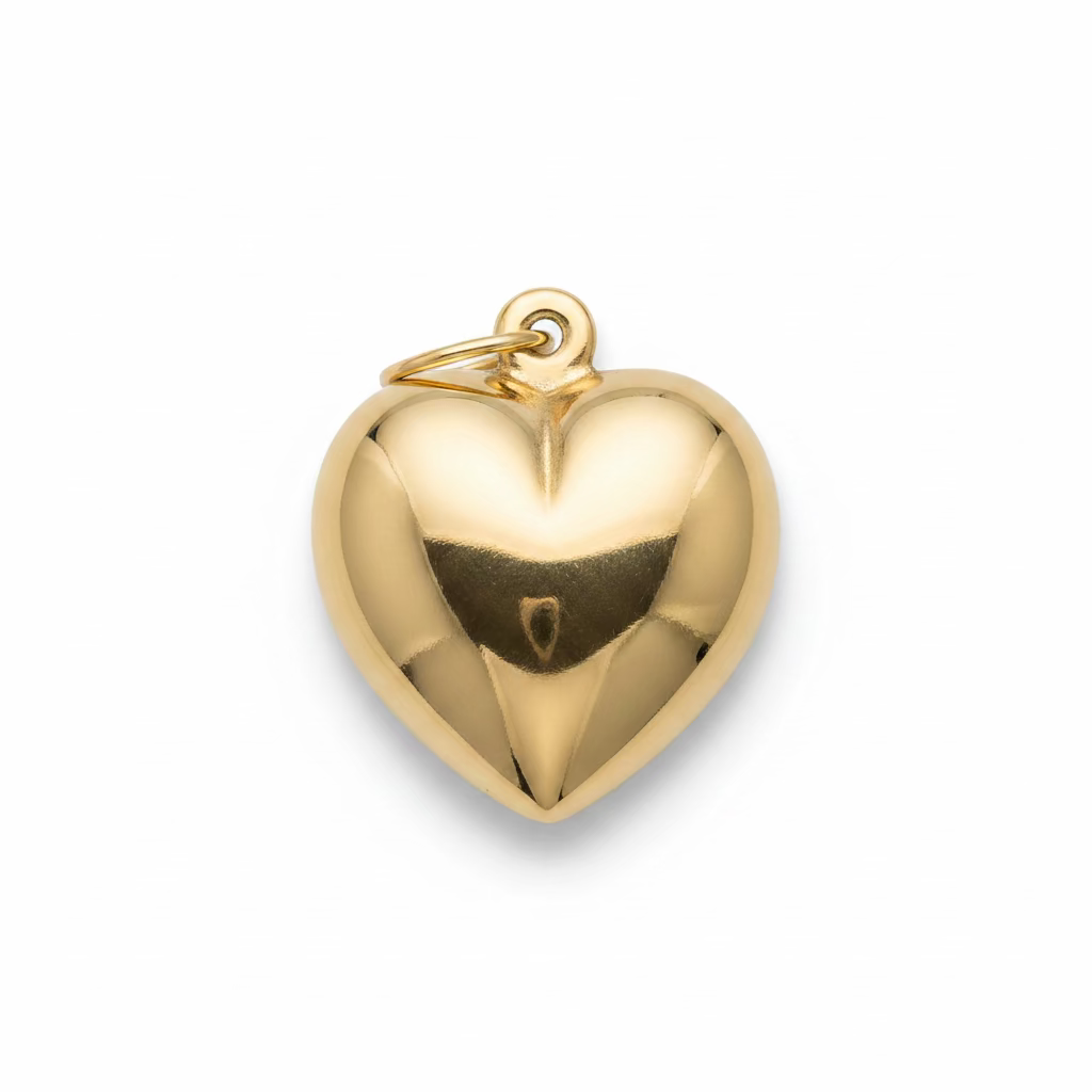 A polished large 14k gold organic heart-shaped pendant with a small loop at the top, against a white background.