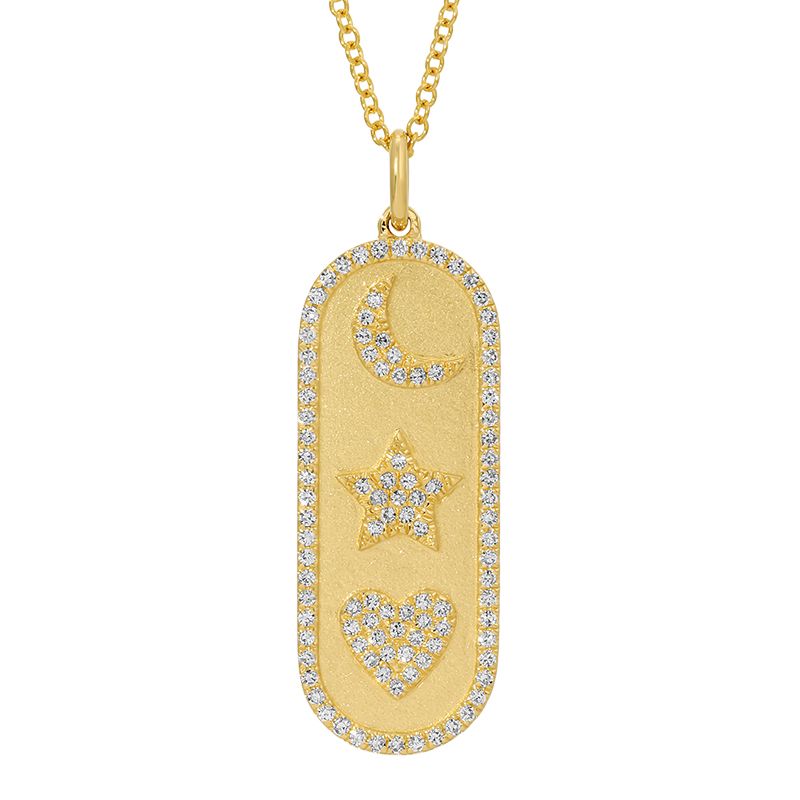 Solid 14k gold pendant with diamonds star, moon, and heart designs on a white background.