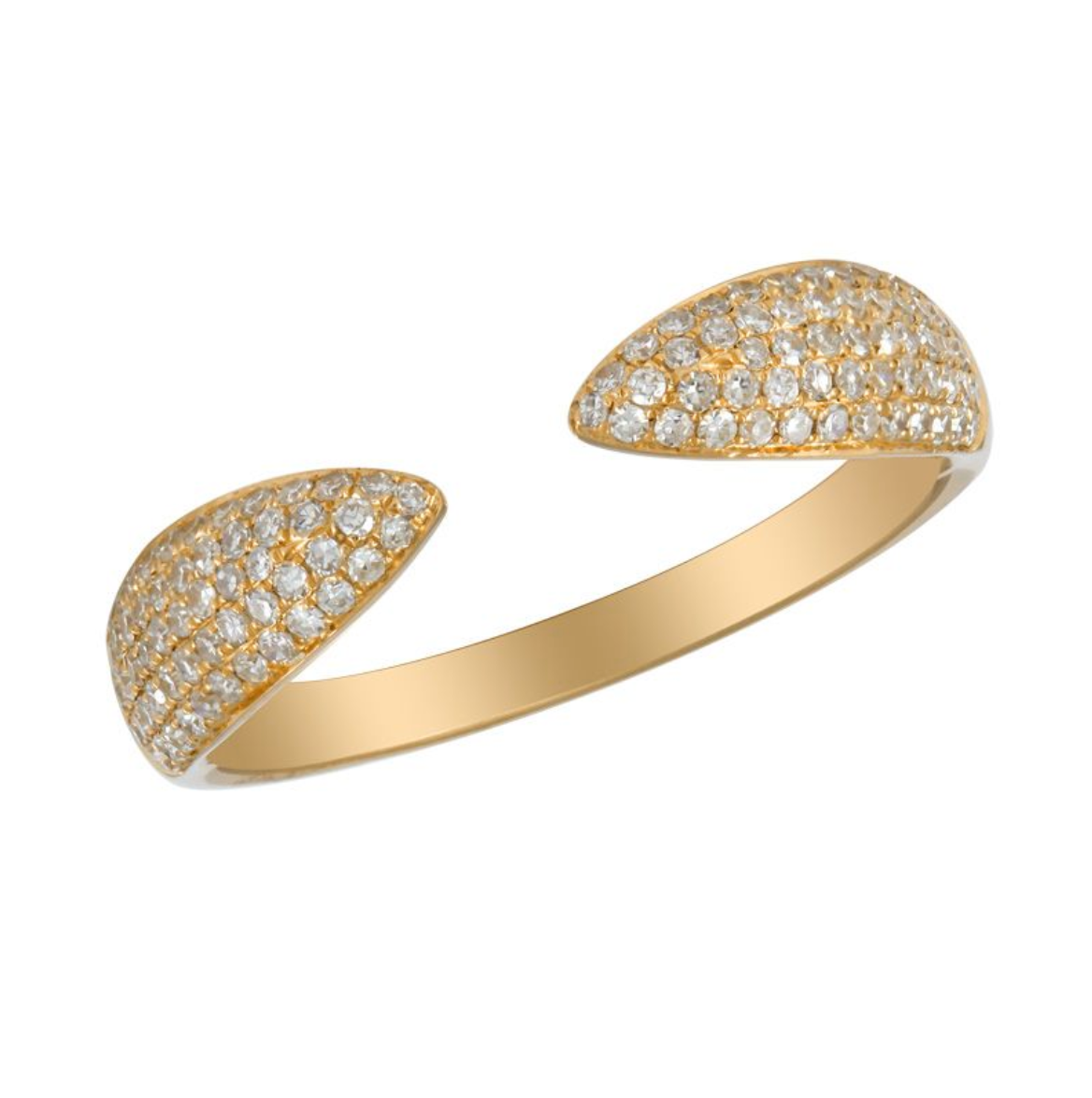 A 14k gold open cuff ring featuring two leaf-shaped pavé settings set with VS1 diamonds, shown on a plain white background.