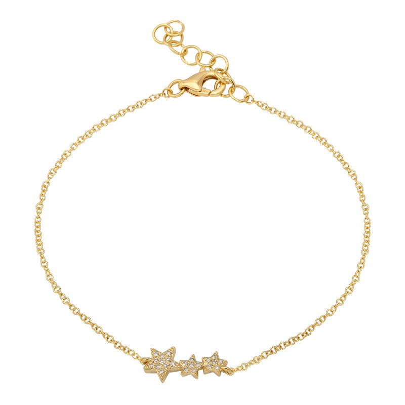 14k yellow gold bracelet with three pave diamond stars. The star cluster, features stars that vary in size at the center of a 5.5 inch cable chain with a 1 inch extender. Set against a white background.