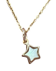 A 14k gold star pendant necklace with a milky white inlay created by the radiance of the mother of pearl, with a plain white background. 
