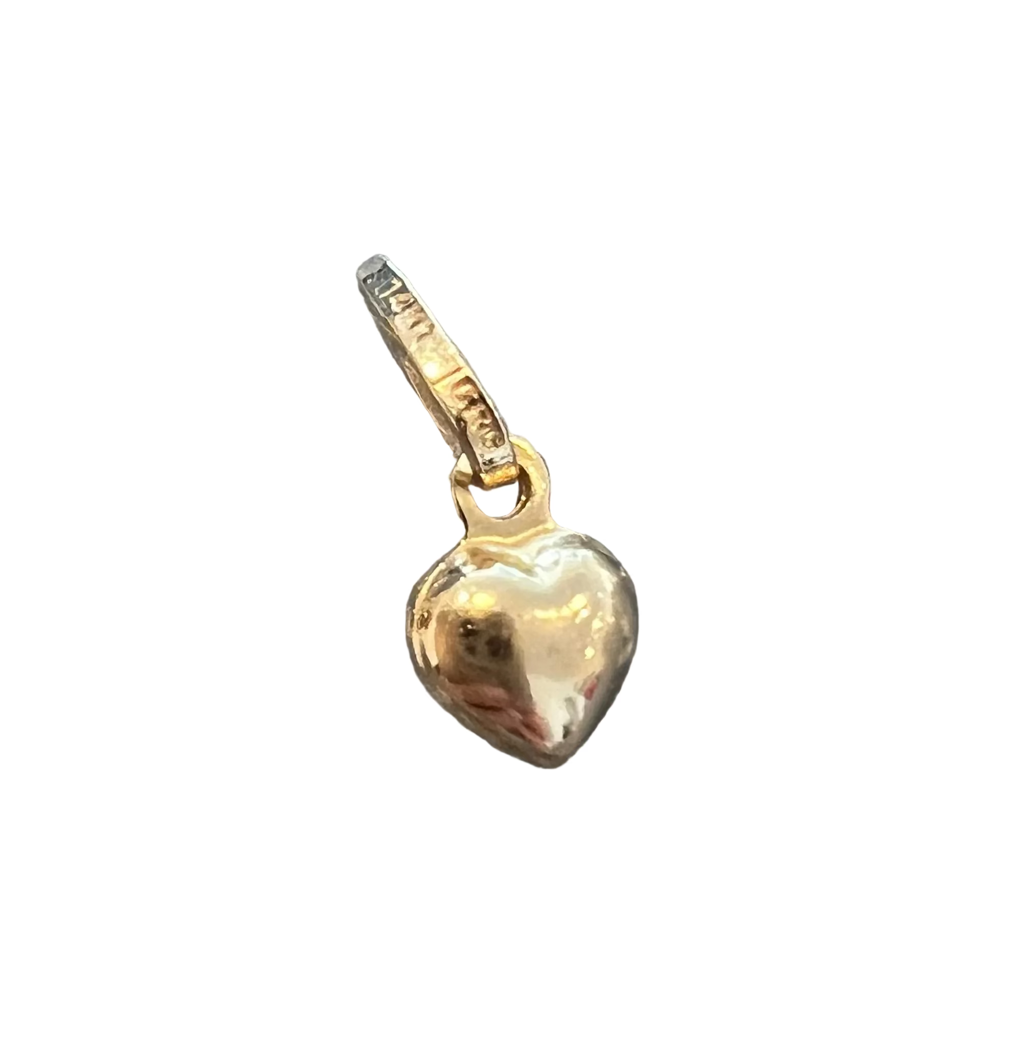 A polished 14k gold small heart pendant with a bail, on a white background.