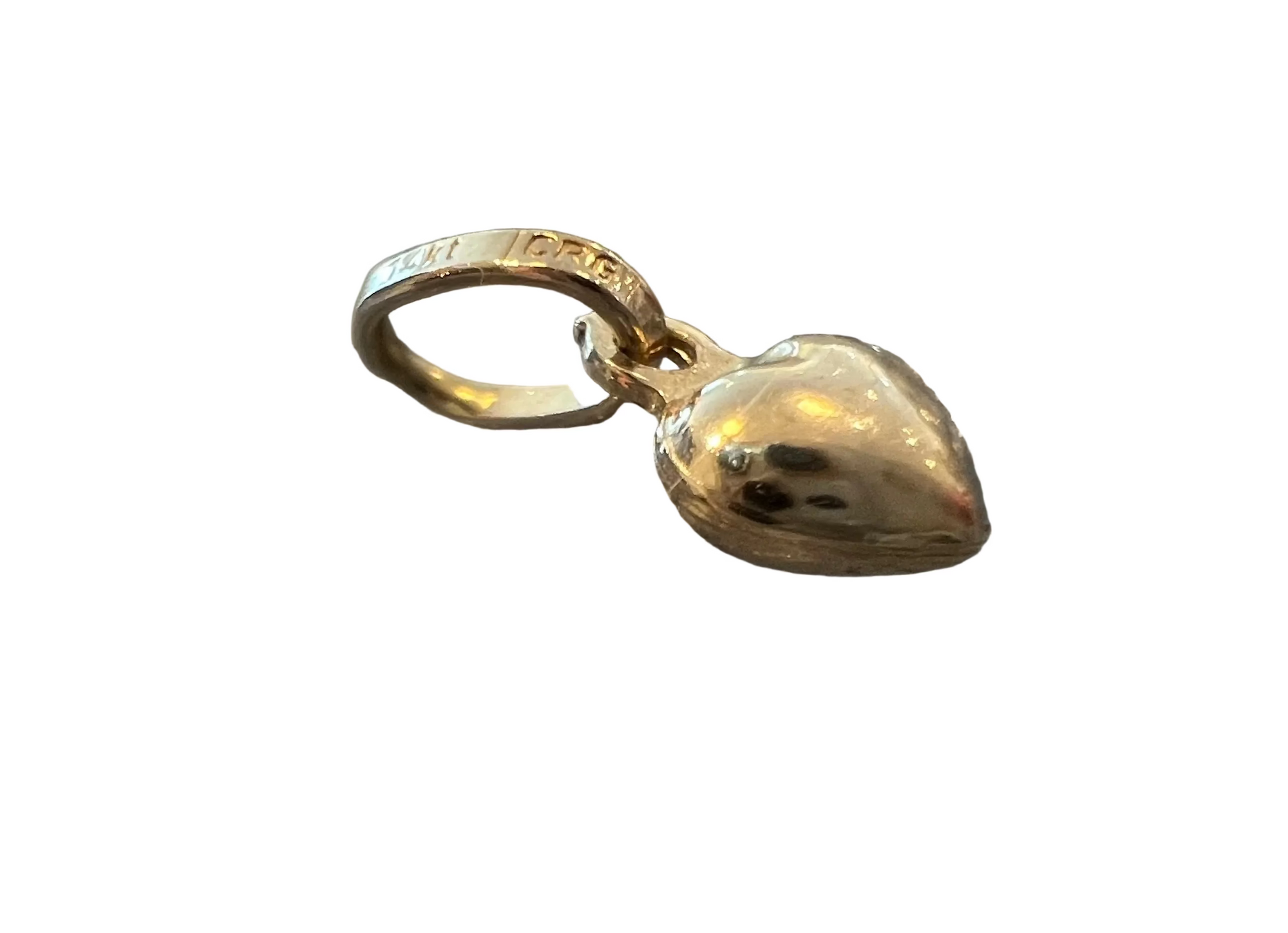 A 14k gold heart-shaped pendant charm displayed on its side, with a white background.