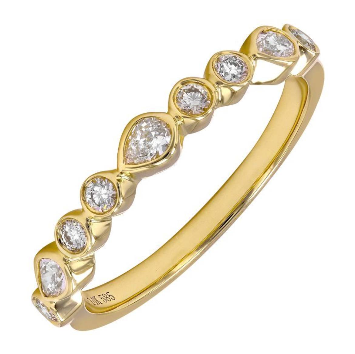 A 14k yellow gold eternity-style ring featuring a row of diamonds in round and pear-cut bezel settings, shown on a plain white background.