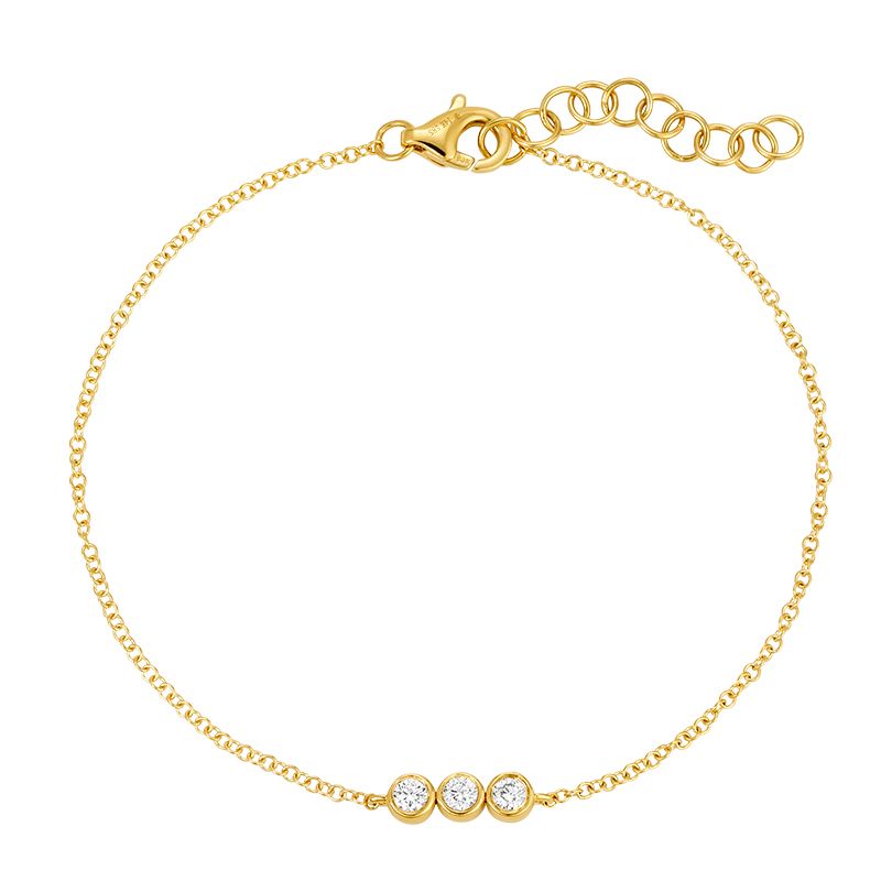 Solid 14k yellow gold bracelet with 3 VS1 Bezel set diamonds. Featuring a 7 inch cable chain with a 1 inch extender, and a lobster clasp.